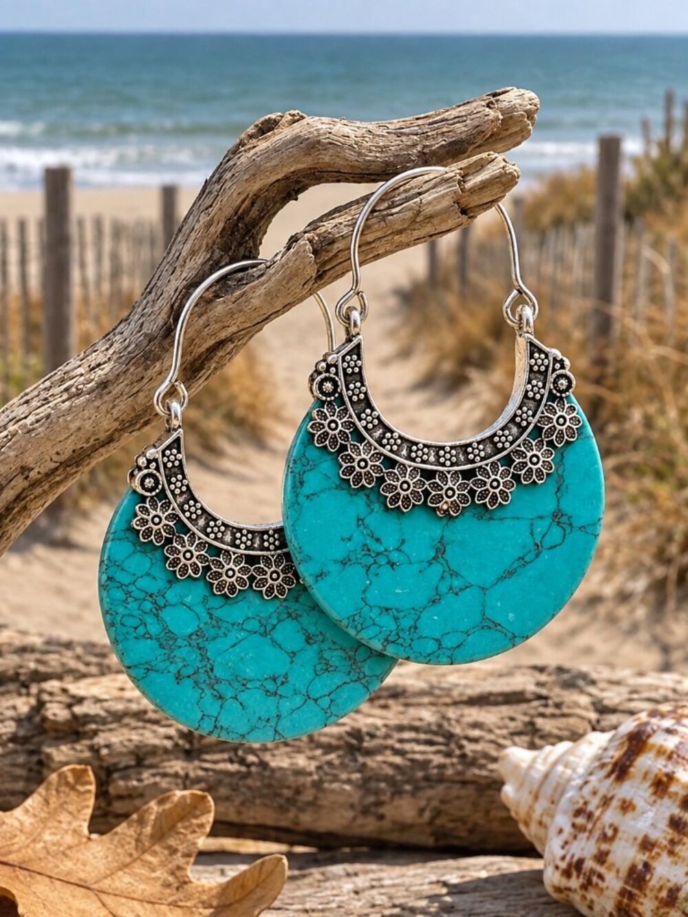 Turquoise Stone Crescent Hoop Earrings 925 Silver Plated Southwestern Artisan 2" - Picture 4 of 16